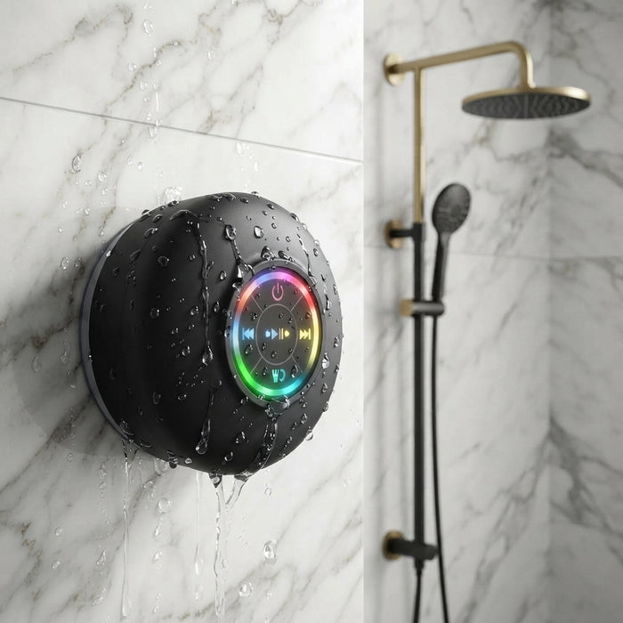 IPX4 Waterproof Bluetooth Speaker with LED Light Show — Mounted in the Shower