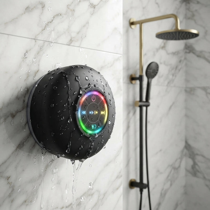 IPX4 Waterproof Bluetooth Speaker with LED Light Show — Mounted in the Shower